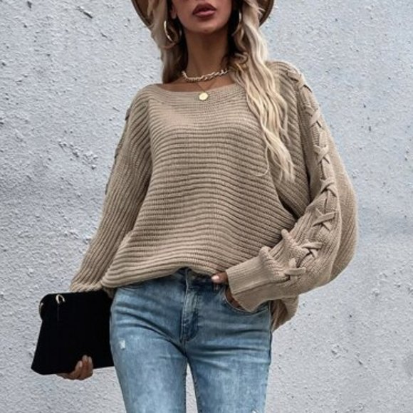 BOHO CASUAL Lace up Sleeve Oversized Sweater Top K - Picture 5 of 6